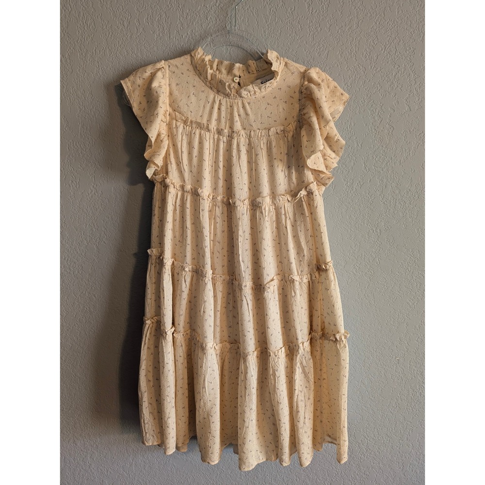 En Saison Cream Floral Ruffle Tiered Mini Dress Flutter Sleeve Small